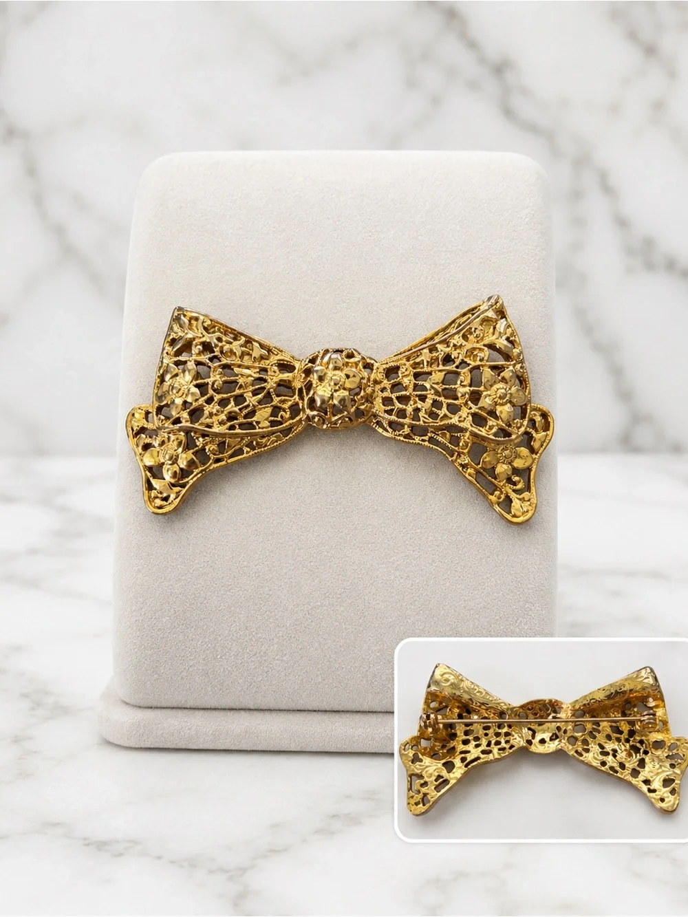 Vintage Gold Tone Filigree Bow Brooch | Floral Openwork Statement Pin